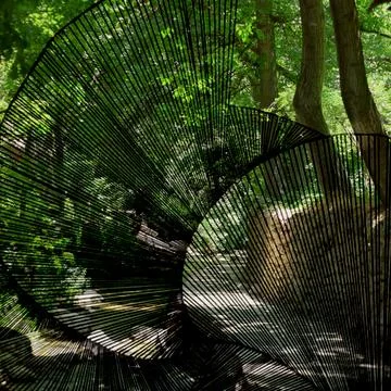 An intricate black string art installation forms a hypnotic geometric spiral Stock Illustration