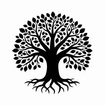 Intricate Black Tree of Life Vector Illustration, Symmetrical Nature Silhou.. Illustrazione stock