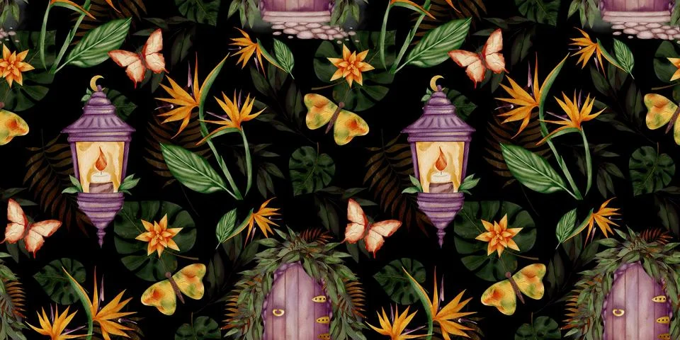 Intricate botanical pattern showcasing lanterns, butterflies, and vibrant flora Stock Illustration