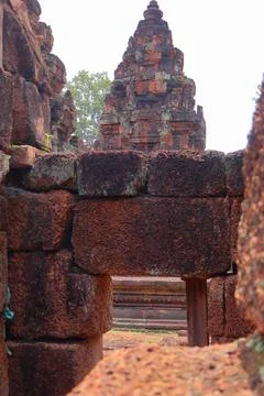 Intricate Carvings on Red Sandstone Library Shrine at Banteay Srei Temple Stock Photos