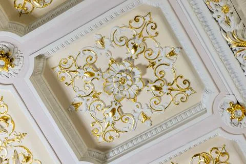 Intricate ceiling panel featuring a central gold floral motif 스톡 사진