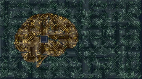 Intricate circuit board brain with a central microchip, symbolizing artificial Stock Footage 341844223