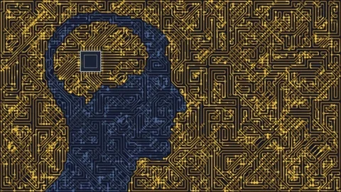 Intricate circuit board patterns form a human head silhouette with a central Stock Footage 341867664