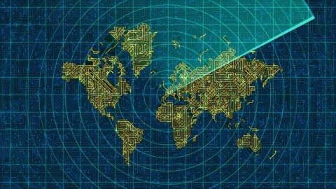 Intricate circuit board world map with rotating radar scanline loop, cyber Stock Footage 337155867