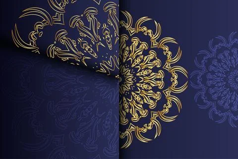 Intricate Circular Pattern in Blue and Gold on Dark Blue Canvas Illustrazione stock