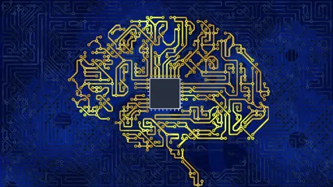 Intricate digital circuit board with CPU forms a human brain, artificial Stock Footage 337138757