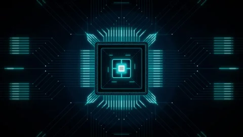 Intricate digital circuit board with glowing cyan lines and a central proce.. 動画素材 335826436
