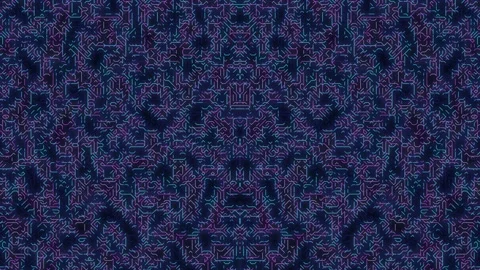 Intricate digital circuitry pattern in blue and purple hues, viewed from above Stock Footage 328503771