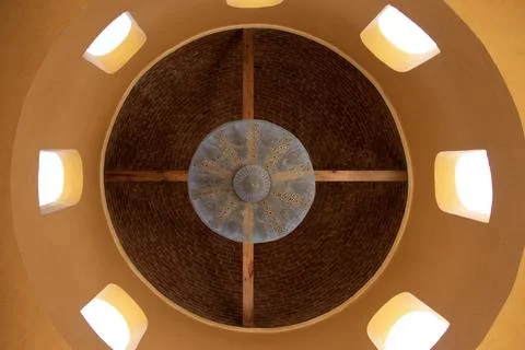 Intricate dome ceiling with brick and wood beams seen from below Stock Illustration