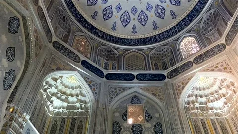 Intricate dome interior with blue and white mosaics at Shah-i-Zinda Stock Footage 336679351