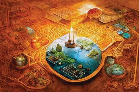 Intricate fantasy world, 3d map for the game. 3D illustration, background Stock Illustration