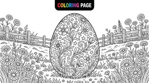 Intricate Floral Easter Egg Coloring Page with Spring Meadow Scene. Stock Illustration