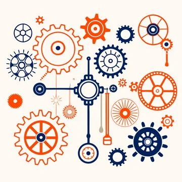 Intricate Gears and Levers Vector: Detailed Mechanical Designs for Engineer.. Stock Illustration