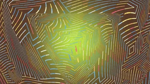 Intricate geometric maze pattern with yellow and multicolor lines on brown Stockbeeldmateriaal 335523711