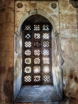 Intricate Geometric Mosque Window Patterns Carved into its Jhali at Jami Masjid Stock Photos