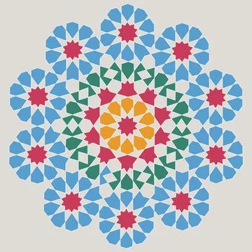 Intricate geometric pattern featuring repeating floral and star shaped motifs Stock Illustration