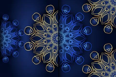 Intricate Gold Mandala Star Pattern On Deep Blue Decorative Background Illustrazione stock