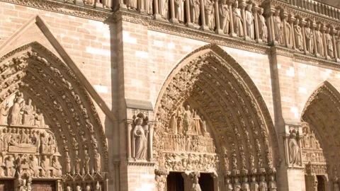 Intricate Gothic Facade and Sculptures of Notre Dame Cathedral in Paris 스톡 동영상 344943039