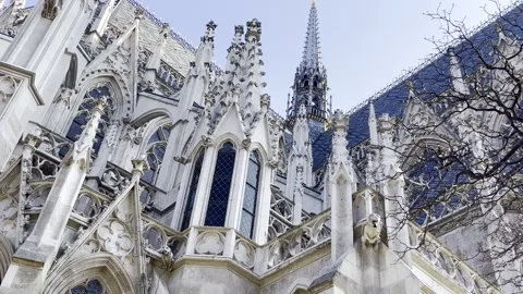 Intricate gothic stonework on the flying buttresses round the back of Stock Footage 287733512