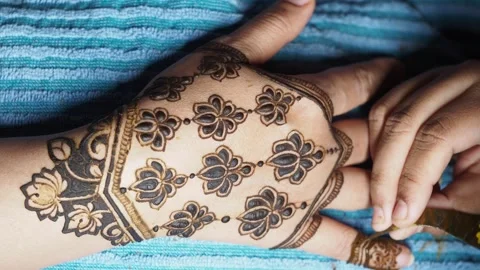 Intricate henna design process on hand in bright setting Stock Footage 305375714