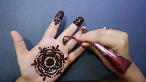 Intricate Henna Mehndi Design Application On Palm During Indian Celebration Stock Footage 344511161