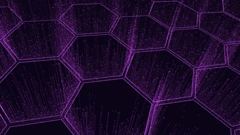 Intricate hexagonal purple lines floating on dark background Stockbeeldmateriaal 316750103