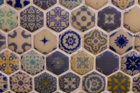Intricate hexagonal tile patterns showcasing vibrant colors and designs in Stock Photos