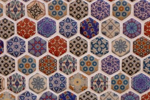 Intricate hexagonal tile patterns showcasing vibrant colors and designs in Stock Photos