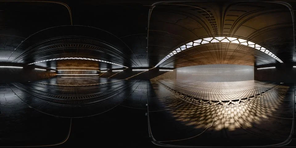 Intricate light patterns through a metal structure in a dark hallway 360 Stock Illustration