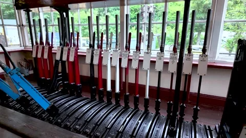 Intricate mechanical lever frame in a historic railway signal box for Stock Footage 339926306