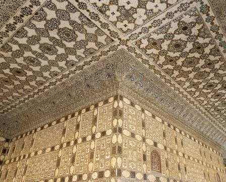 Intricate mirror work on ceiling and walls of Sheesh mahal ,Hall of Mirrors.. Stock Photos