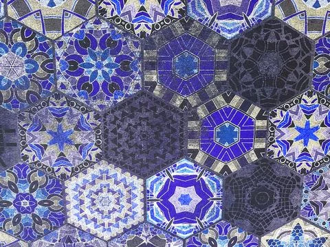 Intricate mosaic pattern features a beautiful array of blue and purple tiles Foto stock