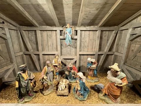 Intricate Nativity Scene in Rustic Stable Stock Photos