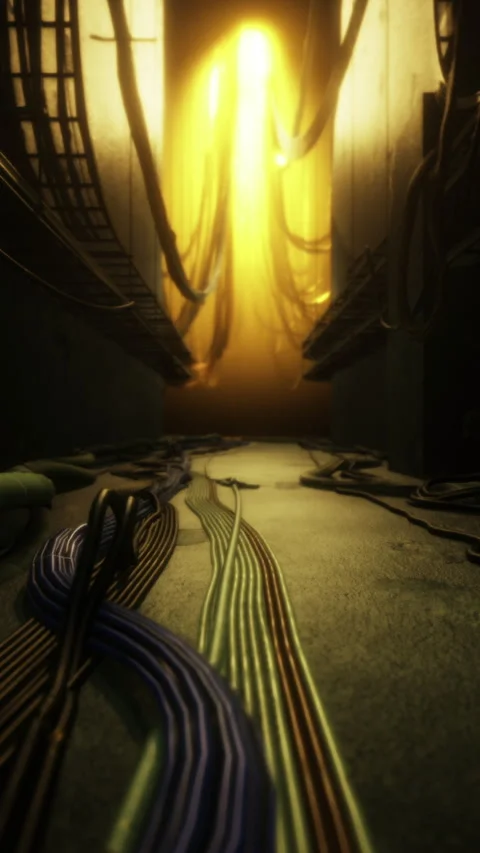 Intricate network of cables leading to a bright yellow light in a dark corridor Stock Footage 329940427