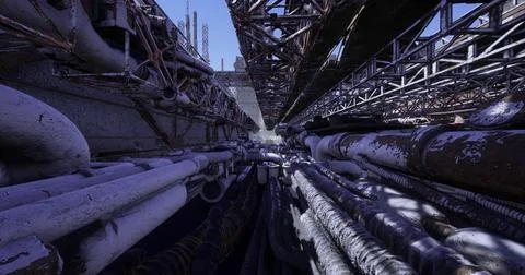 Intricate network of pipes and structures in an industrial area Stock Illustration
