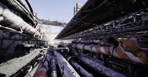 Intricate network of pipes under a clear blue sky at a construction site Illustrazione stock