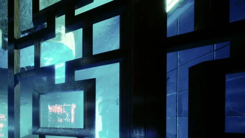 Intricate Patterns Frame the Serene Glow of a Modern Space at Night Stock Footage 344821864