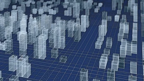Intricate rotating digital wireframe city with interconnected buildings, modern Stock Footage 338131143