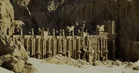 Intricate sandy castle built in a vast desert under bright sunlight Stock Footage 319657489