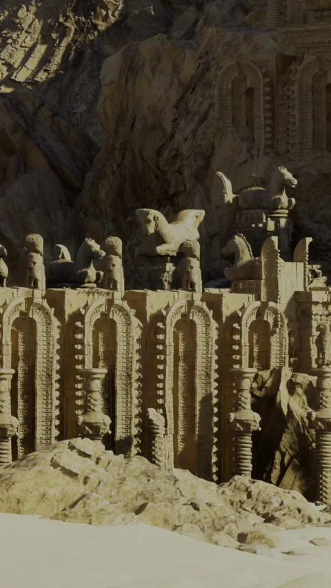 Intricate sandy castle built in a vast desert under bright sunlight Stock Footage 321682476