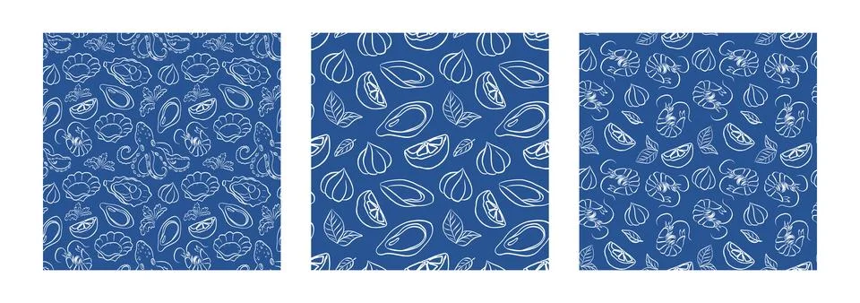 Intricate seafood pattern featuring various shellfish and ocean elements on.. 스톡 일러스트