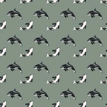 Intricate seamless design featuring orcas and seals on soft green fabric Stock Illustration