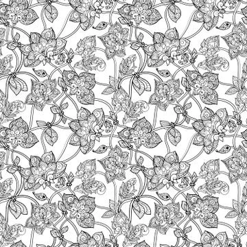 Intricate seamless pattern with decorative stylized flowers black and white Stock Illustration