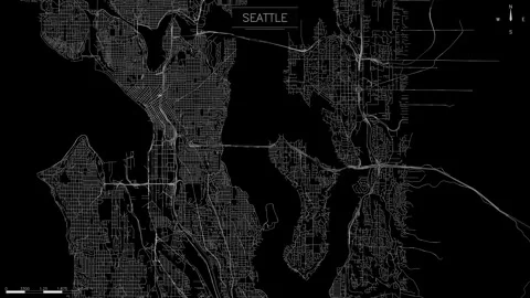Intricate Seattle road map animation displays a glowing street network in a Stock Footage 346303059
