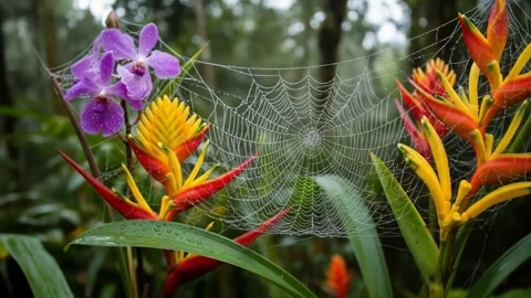 Intricate spiderweb adorned with dew drops amidst vibrant tropical flowers .. Stock Footage 313361143