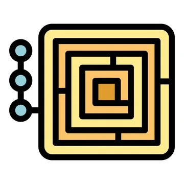 Intricate square labyrinth puzzle with entry points and a central goal, symbo Stock Illustration