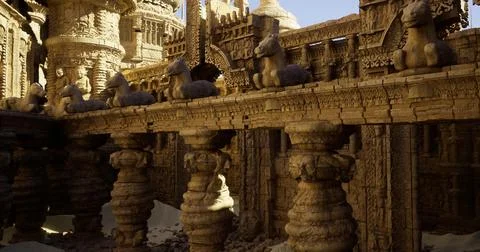 Intricate stone structure features detailed carvings and horse sculptures 库存插图