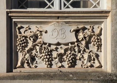 Intricate stonework featuring grape motifs at Bussaco Palace in Portugal Stock Photos