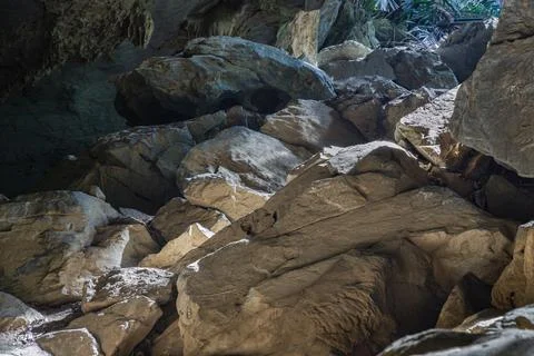 The intricate sunlight shining through down to Stalagmites inside Cave of H.. Stock Photos