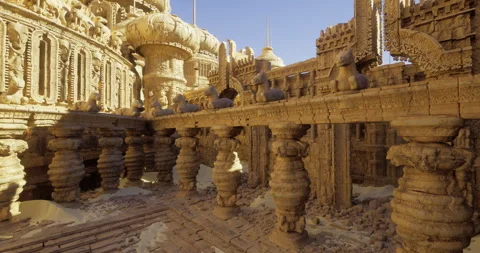 Intricate temple architecture featuring detailed carvings in a desert setting Stockbeeldmateriaal 314897663